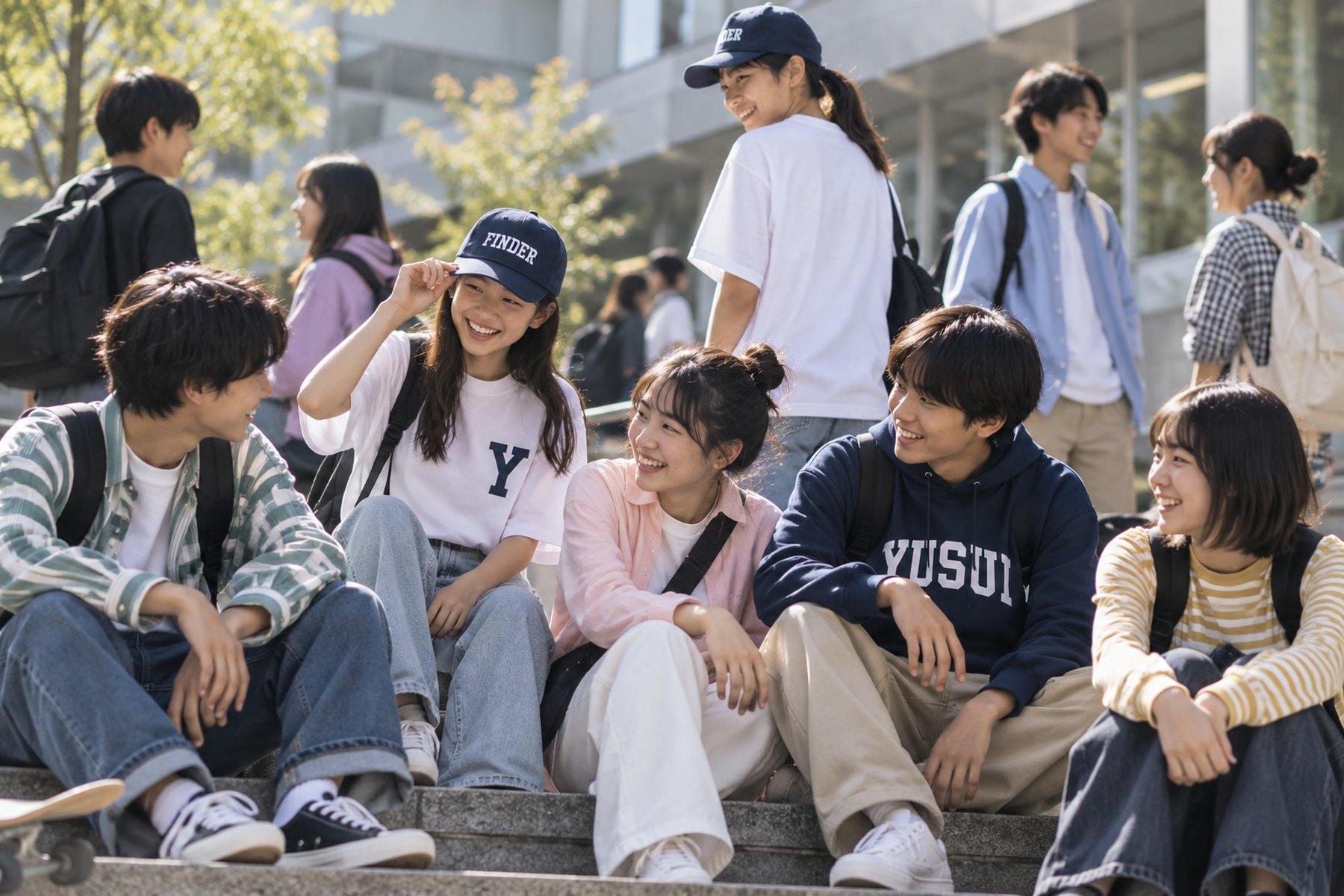 校舎前の階段に座る生徒たち。YUSUIのフーディやTシャツ、キャップの生徒と、私服の生徒が並んで笑い合っている