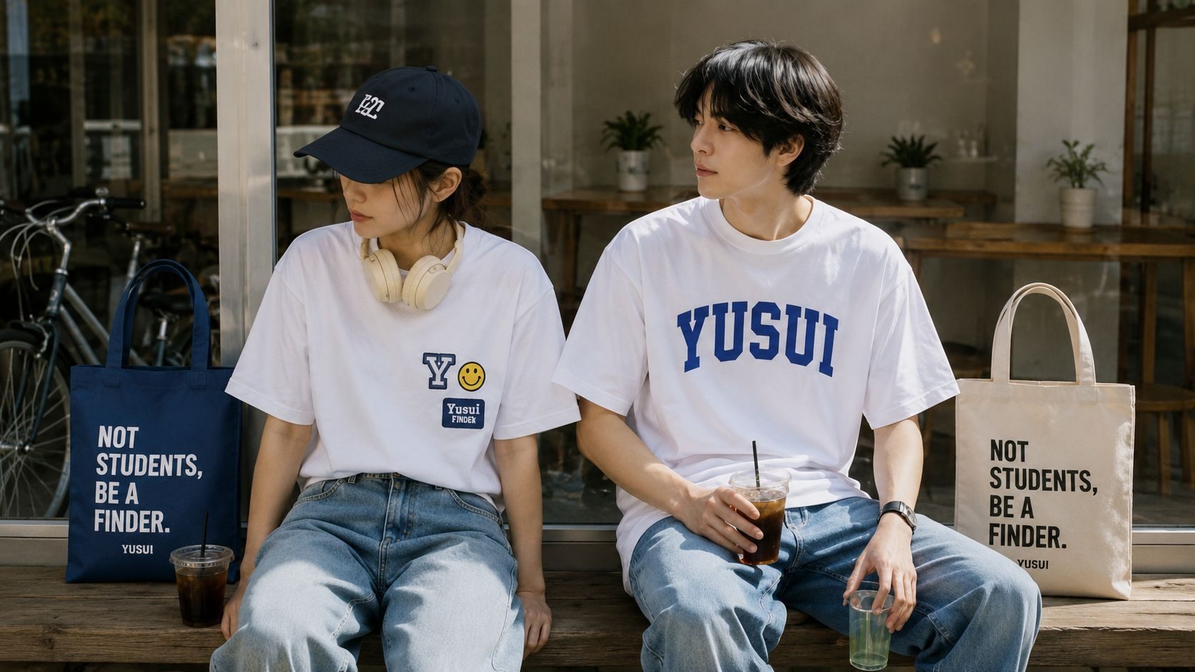 カフェ前のベンチに並んで座る2人。白のロゴTシャツとトート