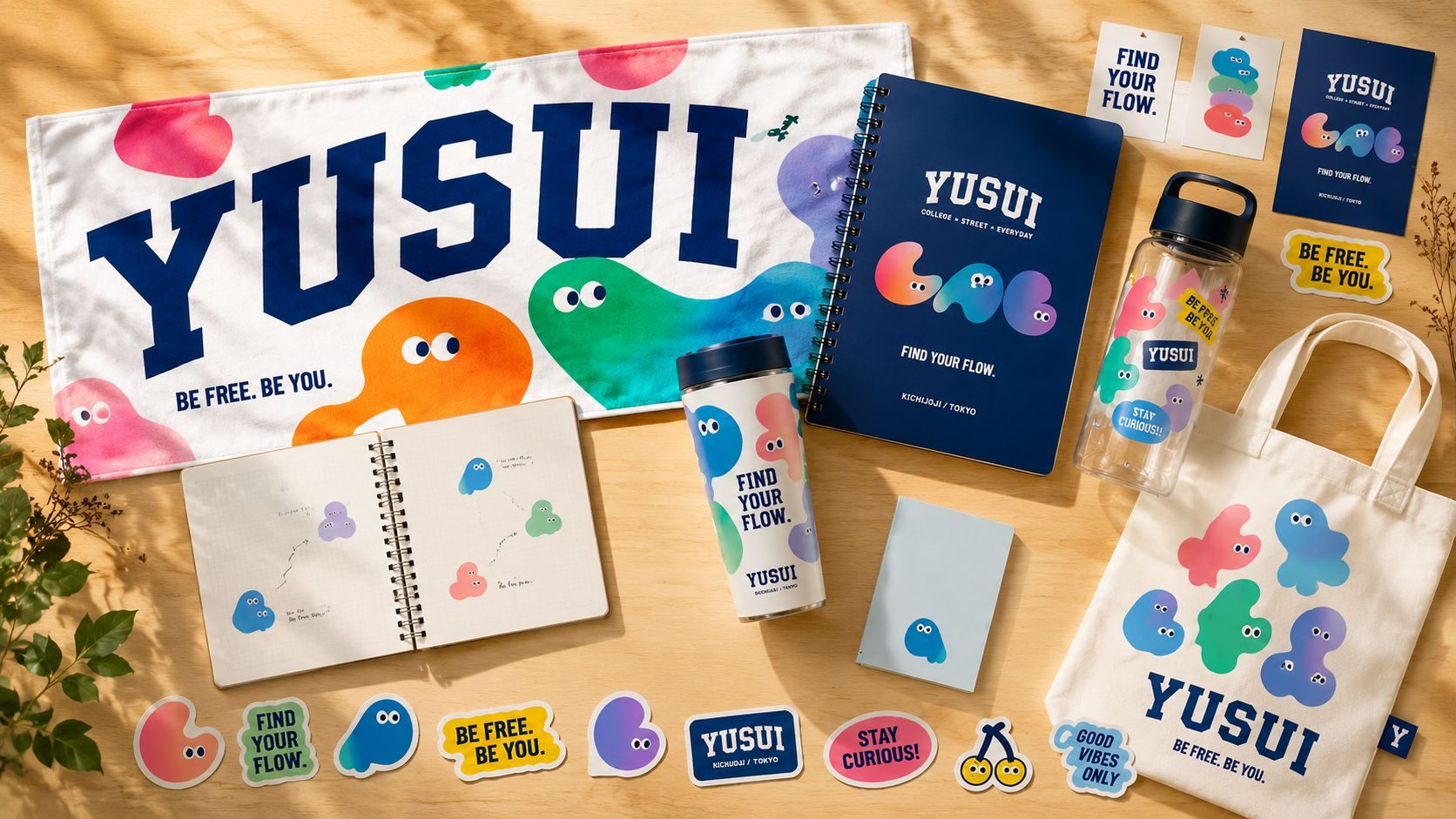 YUSUIロゴのタオル、ノート、タンブラー、ボトル、トート、ステッカー
