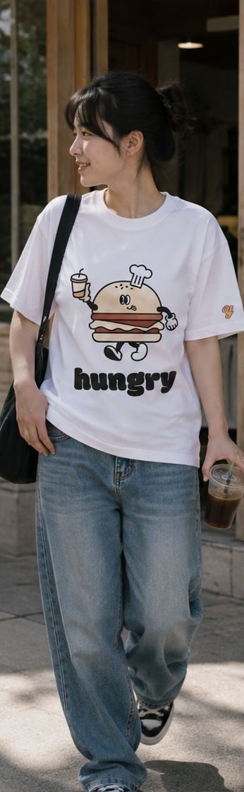 hungryのハンバーガーキャラクター白Tシャツ