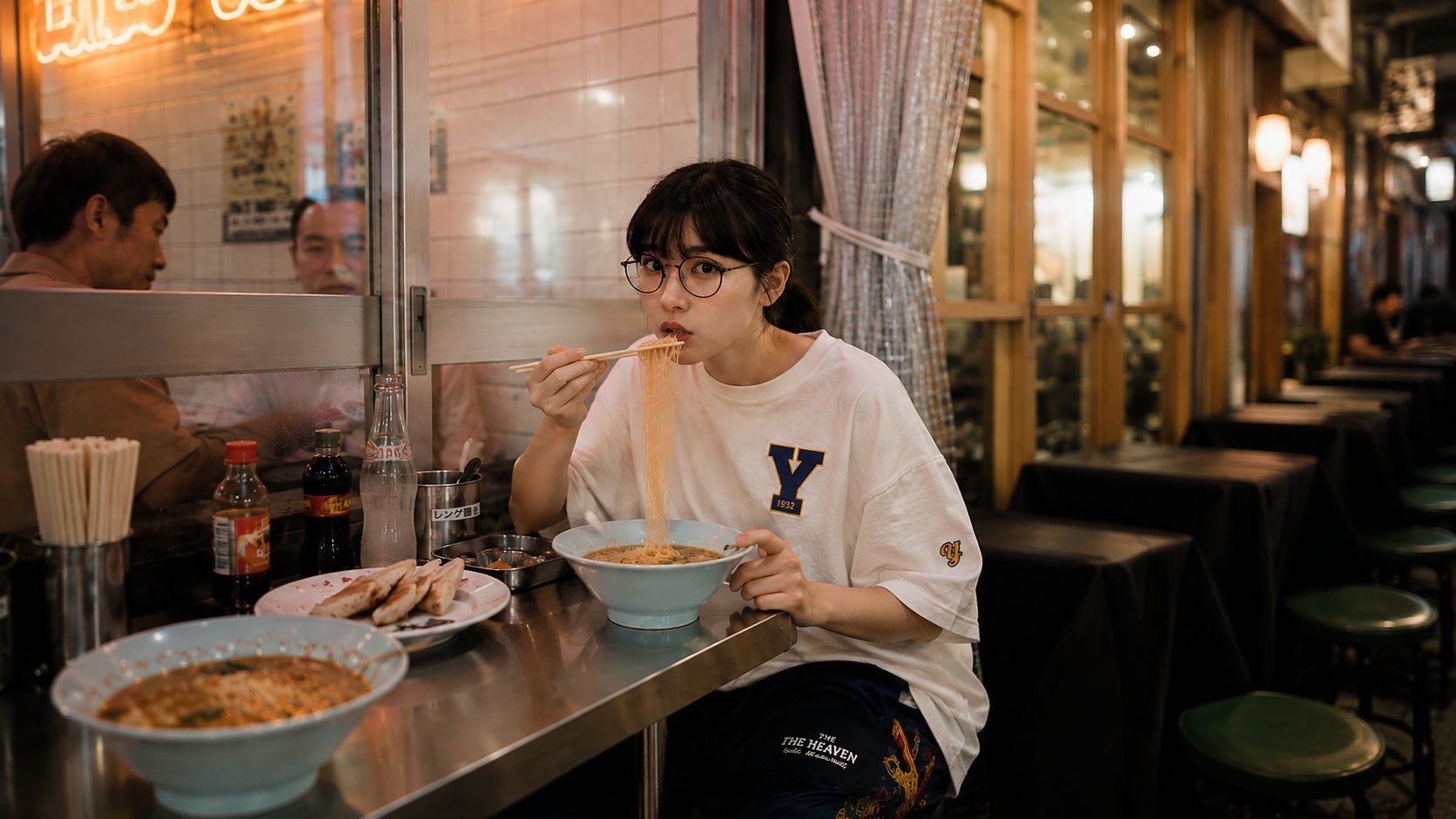 夜の中華料理店でラーメンをすする、胸にYパッチの白Tシャツを着たモデル
