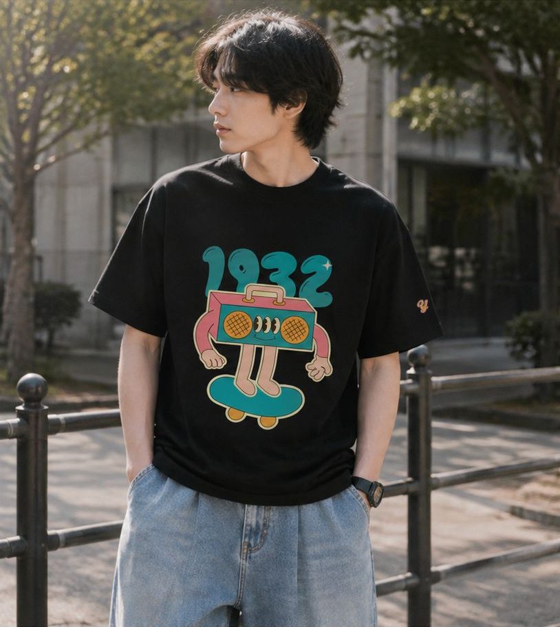 1932ロゴとラジカセのキャラクターの黒Tシャツ
