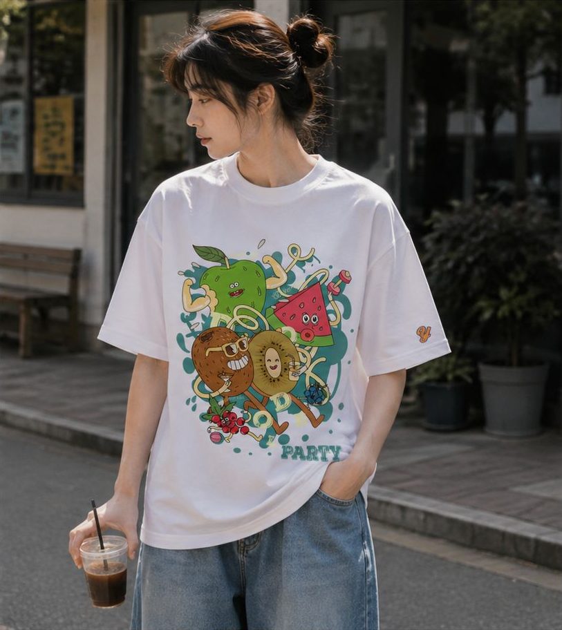 フルーツのキャラクターのPARTYグラフィック白Tシャツ