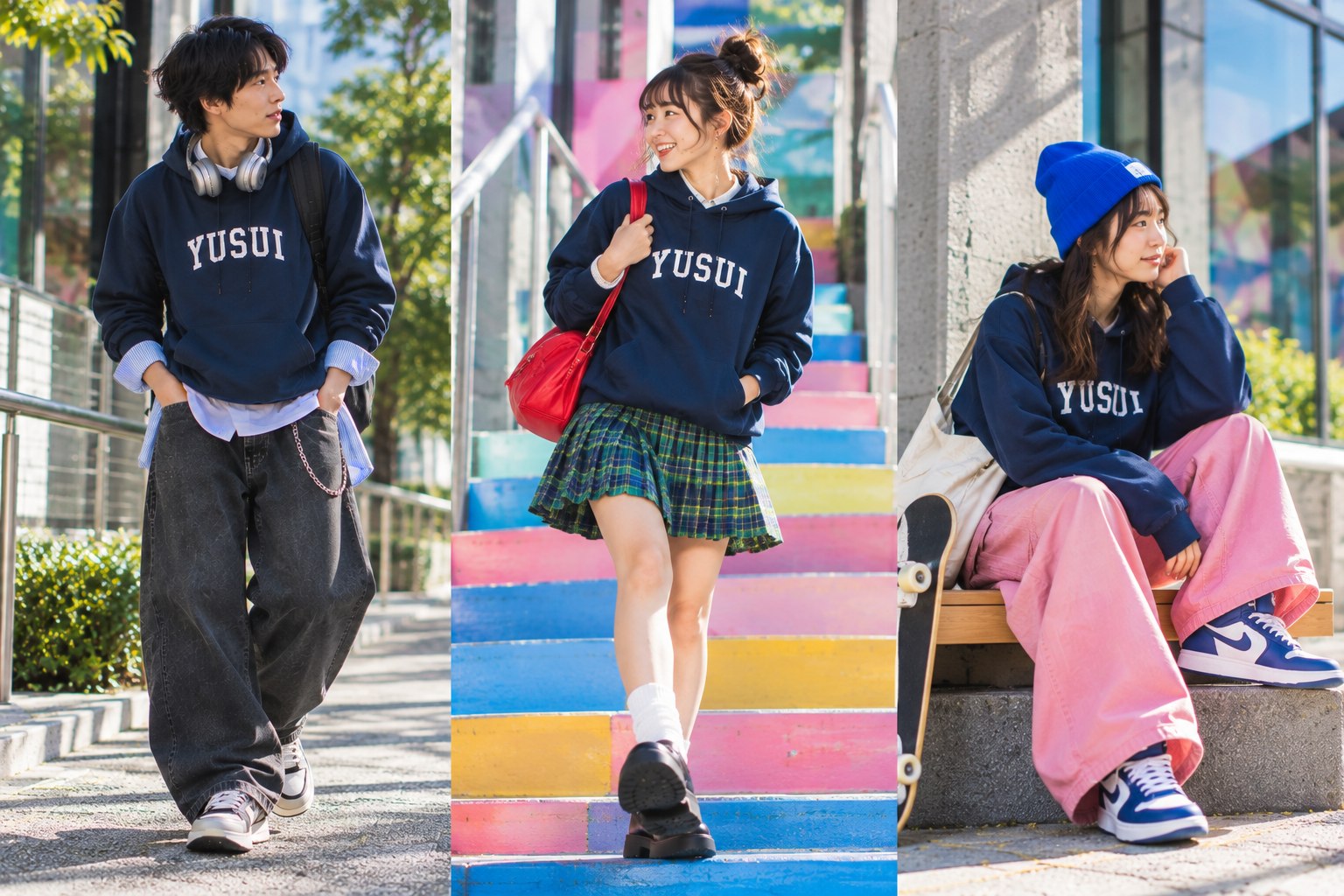 同じネイビーのYUSUIフーディを、ワイドデニム・チェックのスカート・ピンクのパンツとそれぞれに着こなす3人