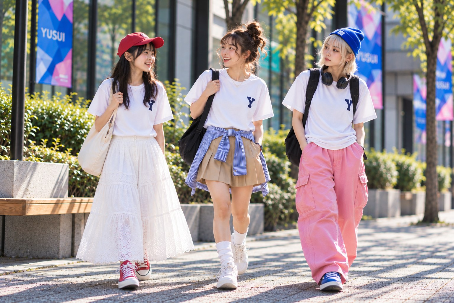 同じ白のYパッチTシャツを、ロングスカート・プリーツスカート・ピンクのカーゴとそれぞれに着こなす3人