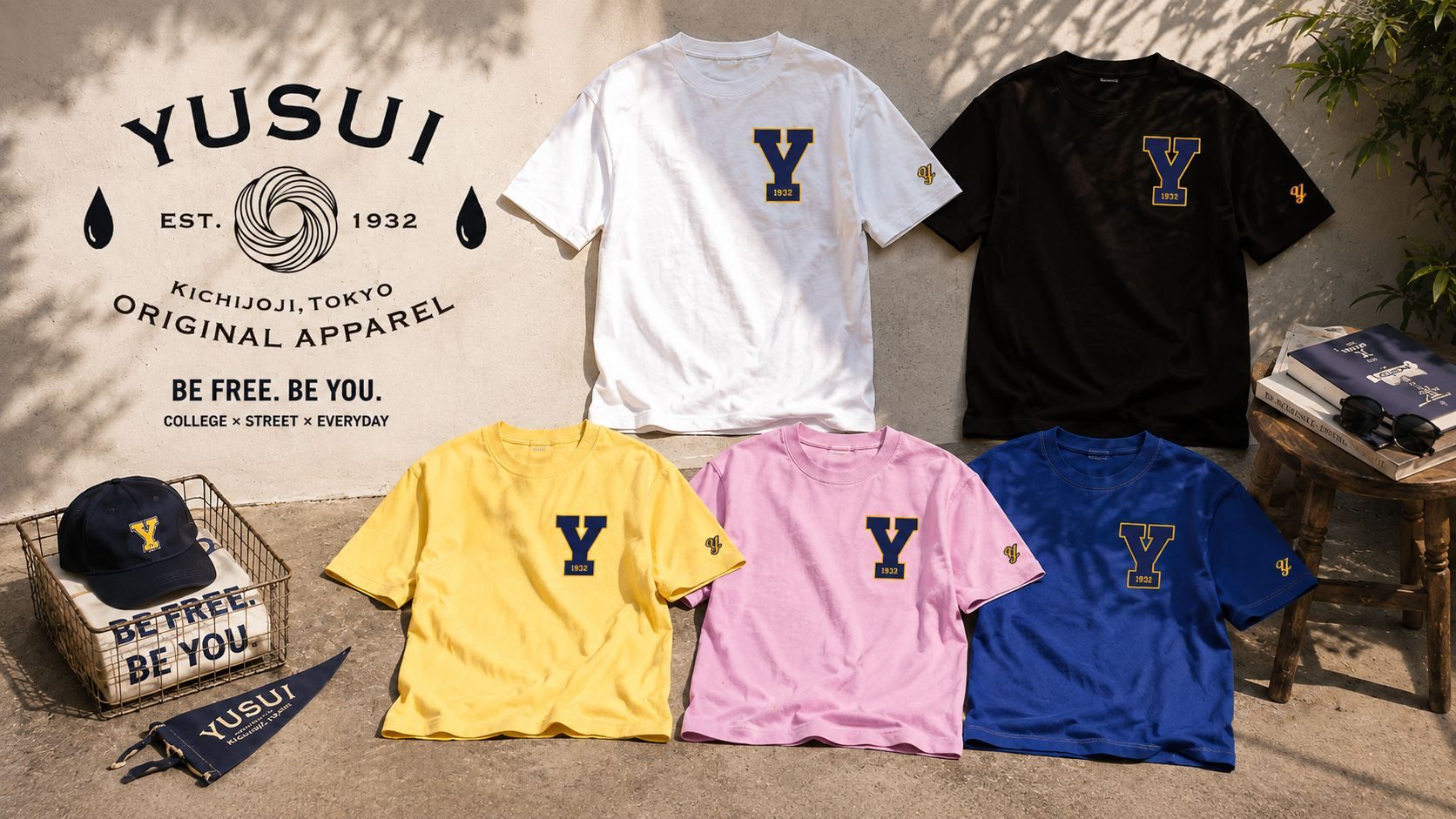 白・黒・黄・ピンク・青のYパッチTシャツとキャップ、ペナント