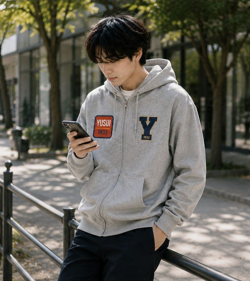 グレーのパッチ付きジップパーカーでスマホを見るモデル